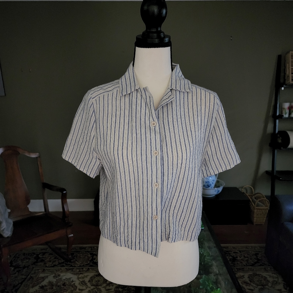 FARROW Cropped Striped Cotton Hemp Blend Shrunken Shirt Size S